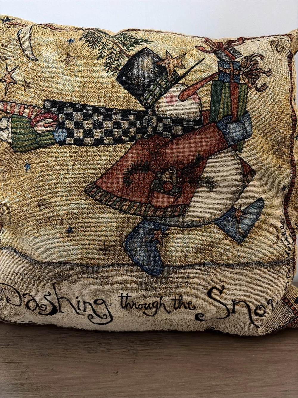 Vintage woven tapestry Christmas throw pillow